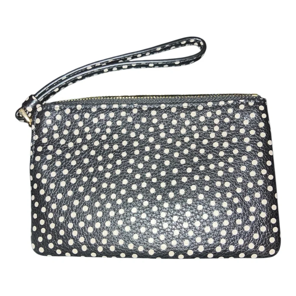 COACH - RARE - Black Pebbled Leather Wristlet w White Polka Dot/Gold Accent - Picture 2 of 4